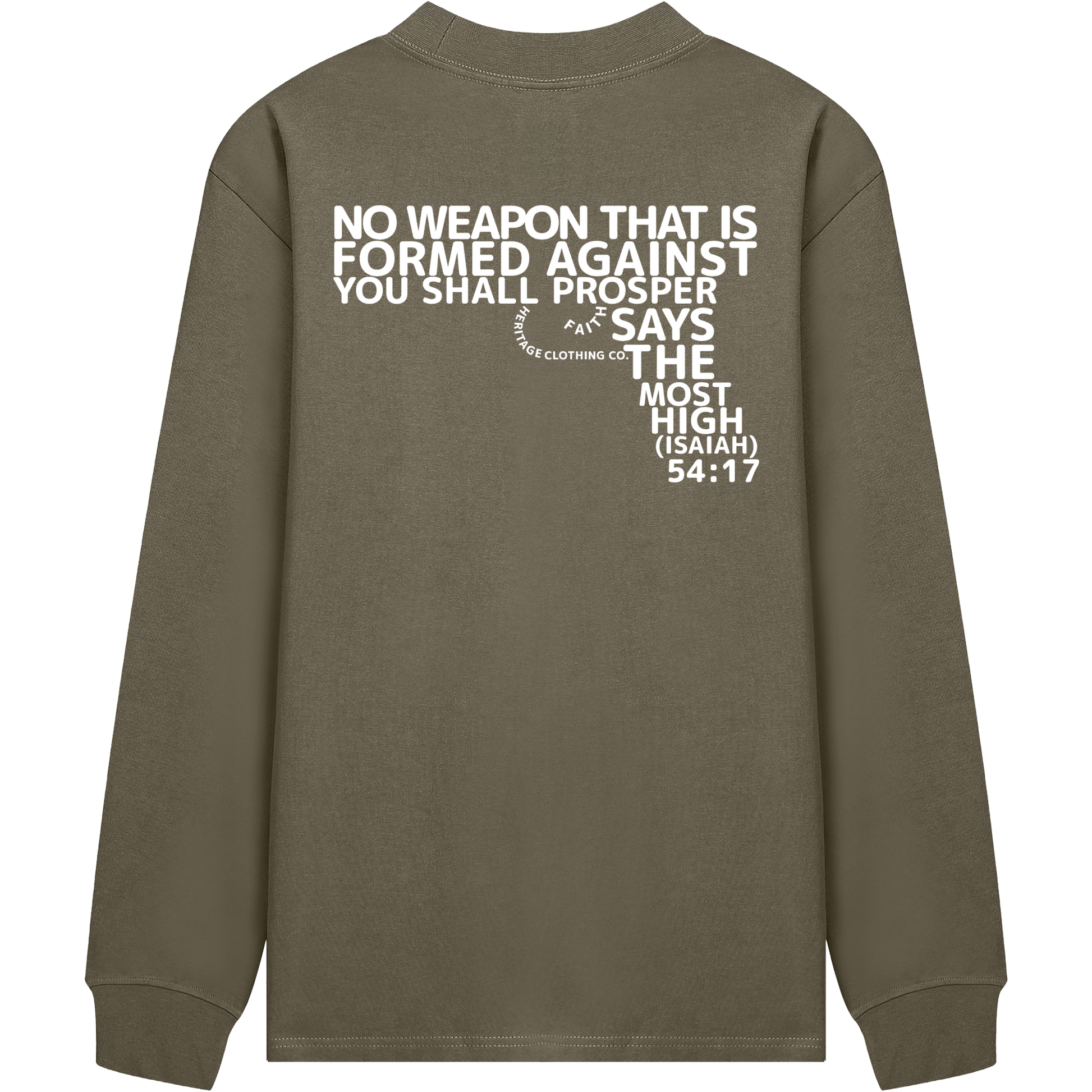 HeritageClothingCo.,heritageclothingco,Yahuah,Yahusha,100% Cotton,Long-Sleeve,T-Shirt,Graphic Long-Sleeve,No Weapon Shall Prosper,Long-Sleeve T-Shirt