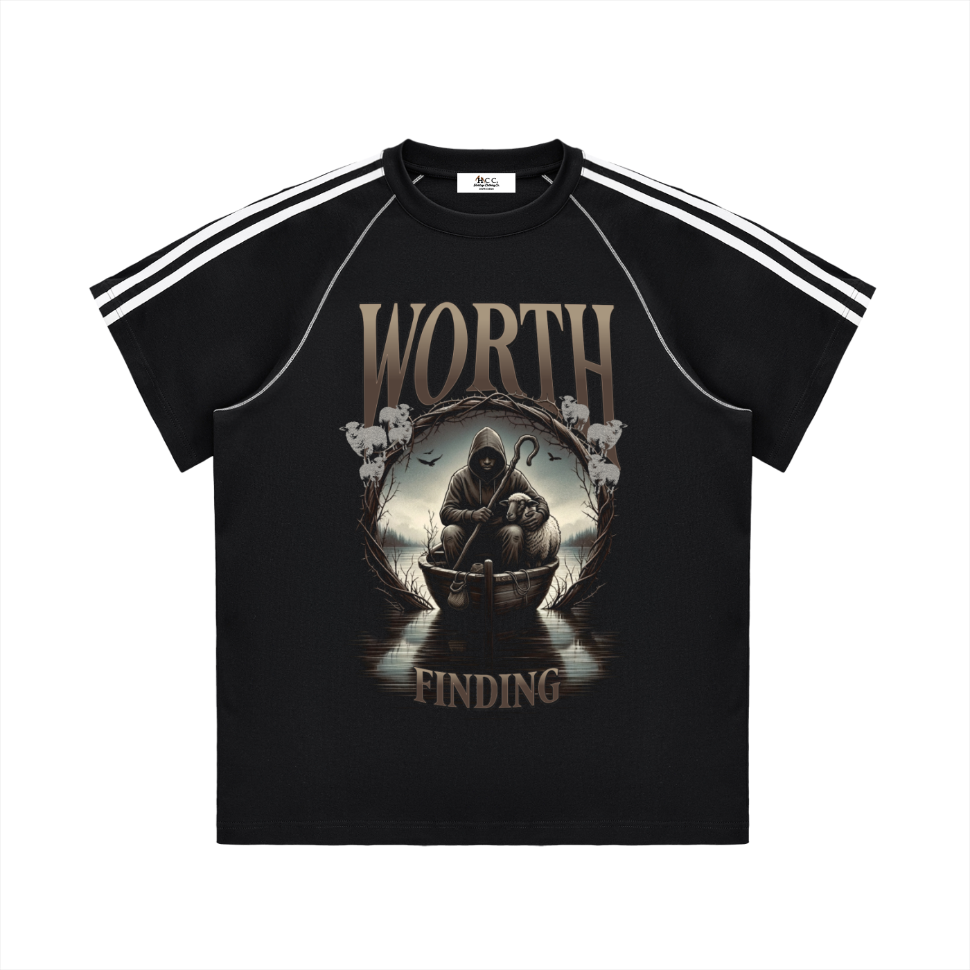 100 percent cotton,faith-based apparel,set apart clothing,righteouswear,scripture apparel,t-shirt,striped shoulder tee,contrast stitch shirt,luke 15 4,worth finding
