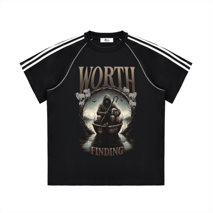 100 percent cotton,faith-based apparel,set apart clothing,righteouswear,scripture apparel,t-shirt,striped shoulder tee,contrast stitch shirt,luke 15 4,worth finding