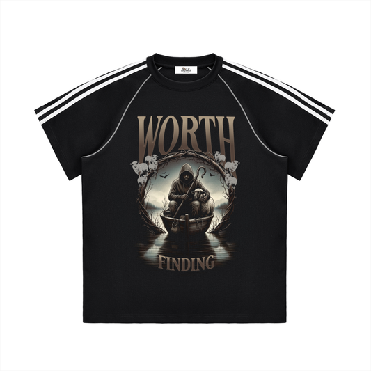 100 percent cotton,faith-based apparel,set apart clothing,righteouswear,scripture apparel,t-shirt,striped shoulder tee,contrast stitch shirt,luke 15 4,worth finding