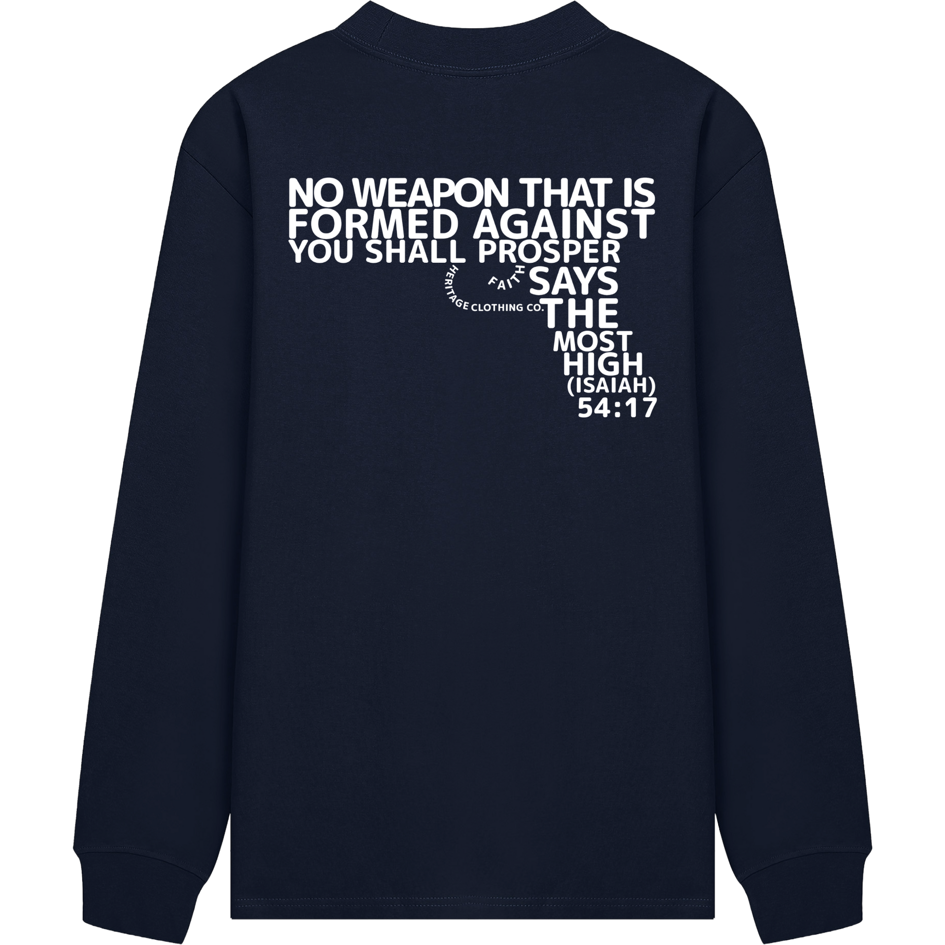 HeritageClothingCo.,heritageclothingco,Yahuah,Yahusha,100% Cotton,Long-Sleeve,T-Shirt,Graphic Long-Sleeve,No Weapon Shall Prosper,Long-Sleeve T-Shirt