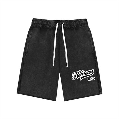 hebrews 8 10,scripture shorts,faith based clothing,set apart clothing,100 percent cotton,cotton shorts,hebrew apparel,modest streetwear,vintage wash shorts,knee length shorts
