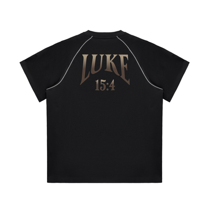 100 percent cotton,faith-based apparel,set apart clothing,righteouswear,scripture apparel,t-shirt,striped shoulder tee,contrast stitch shirt,luke 15 4,worth finding