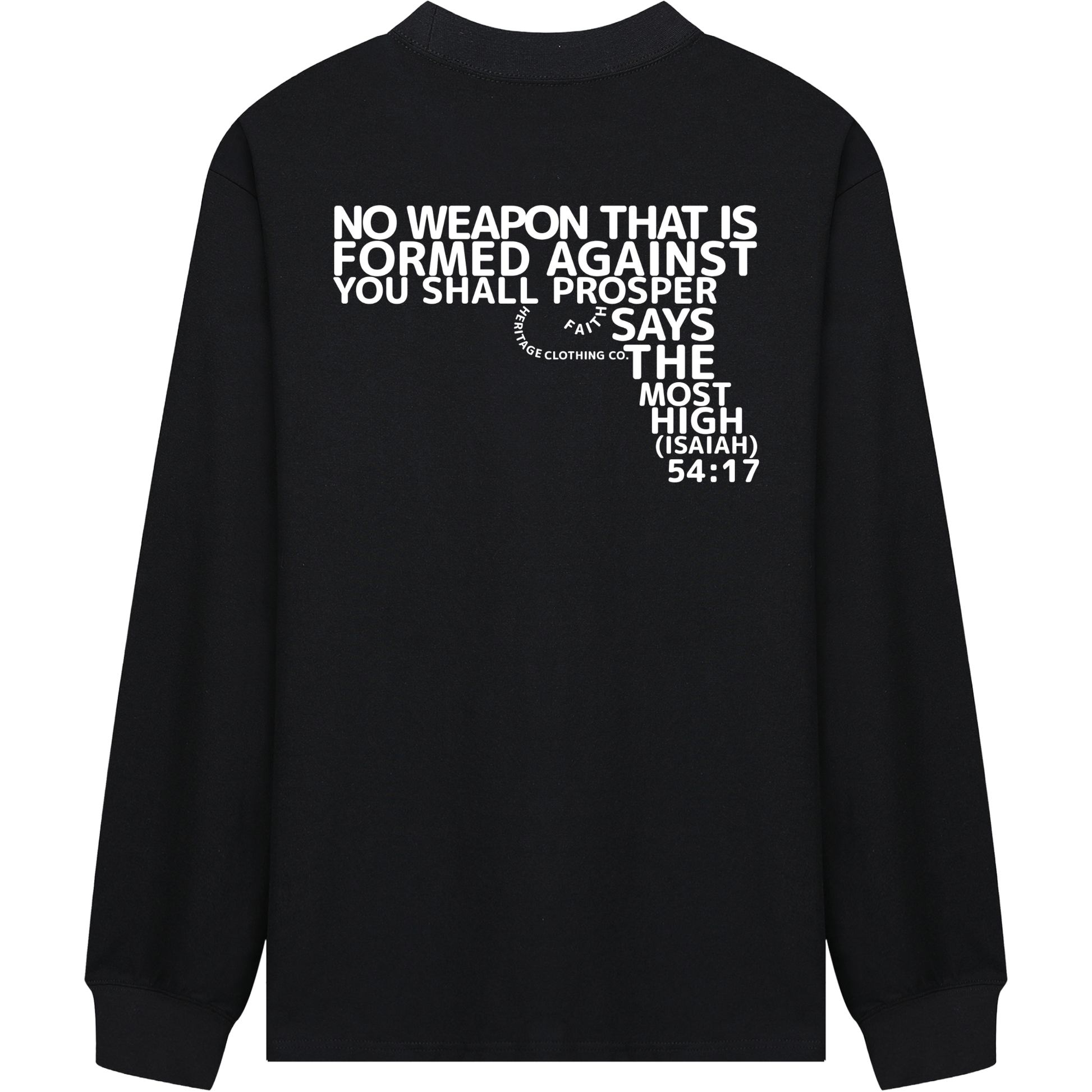 HeritageClothingCo.,heritageclothingco,Yahuah,Yahusha,100% Cotton,Long-Sleeve,T-Shirt,Graphic Long-Sleeve,No Weapon Shall Prosper,Long-Sleeve T-Shirt