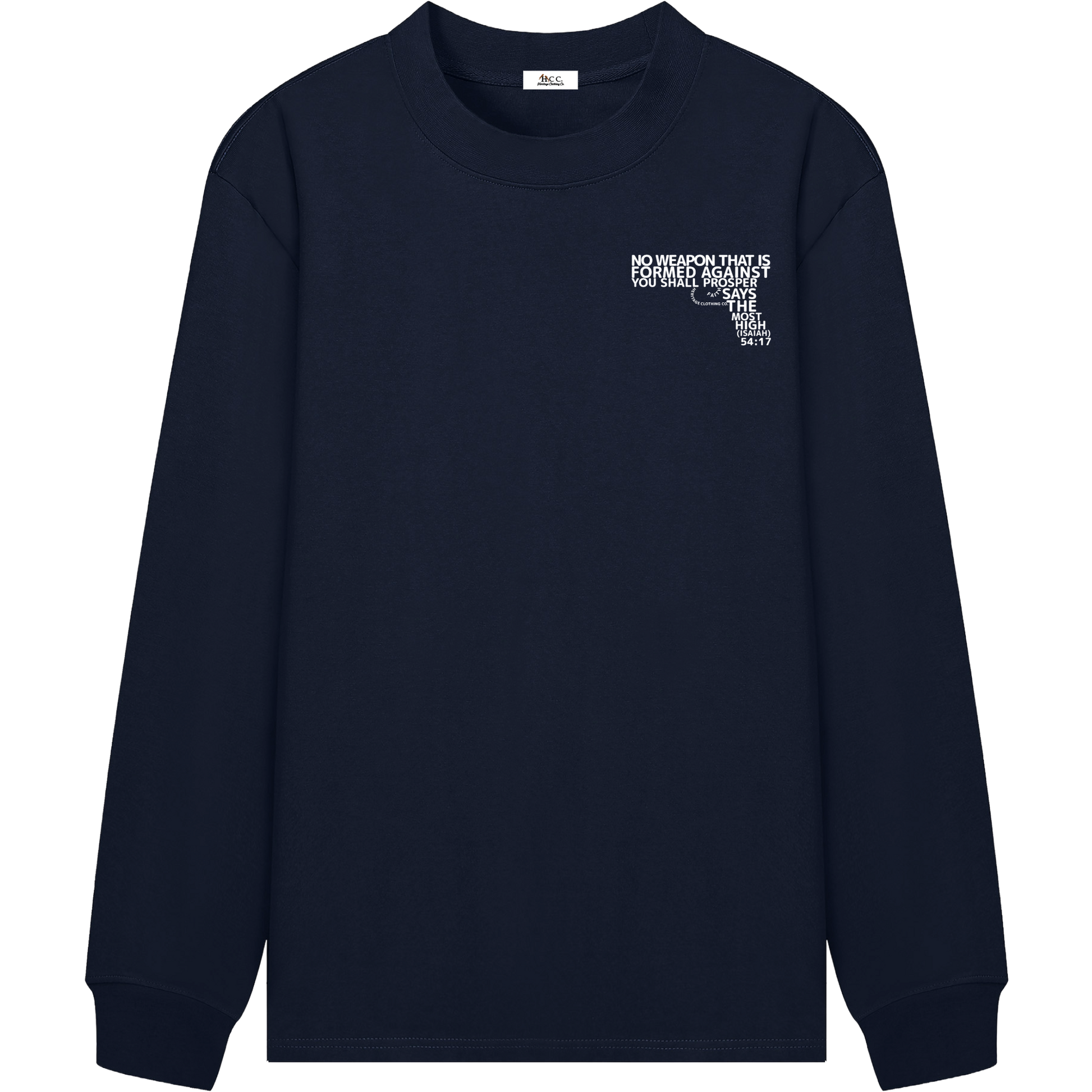 HeritageClothingCo.,heritageclothingco,Yahuah,Yahusha,100% Cotton,Long-Sleeve,T-Shirt,Graphic Long-Sleeve,No Weapon Shall Prosper,Long-Sleeve T-Shirt