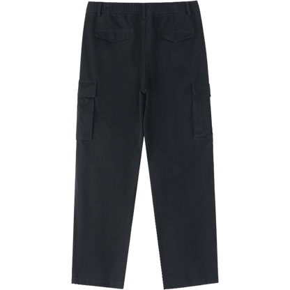 Men’s Heritage Black Cargo Pants made from 100 percent cotton with a mid rise elastic waist and loose full length fit