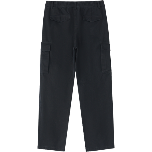 Men’s Heritage Black Cargo Pants made from 100 percent cotton with a mid rise elastic waist and loose full length fit