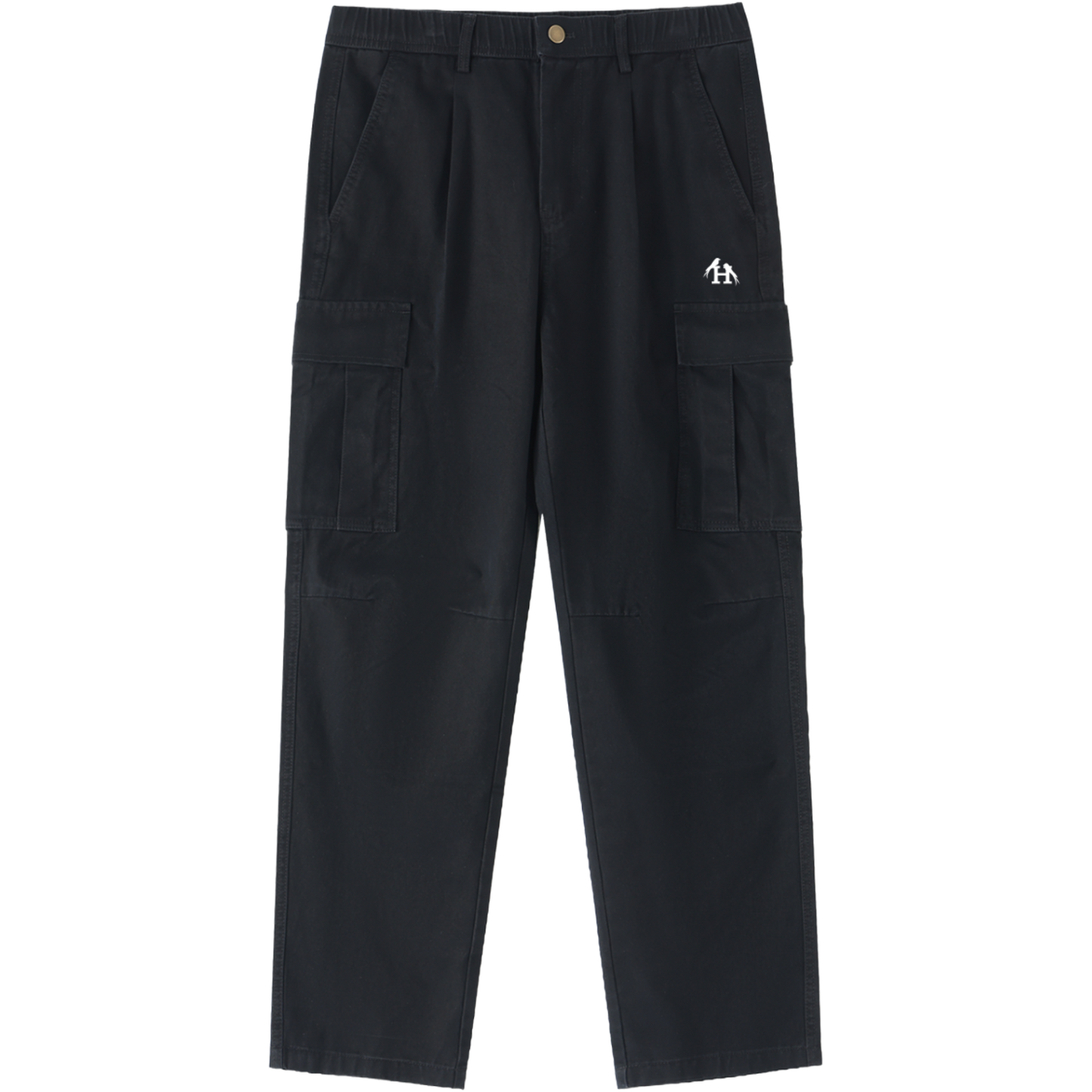 Men’s Heritage Black Cargo Pants made from 100 percent cotton with a mid rise elastic waist and loose full length fit