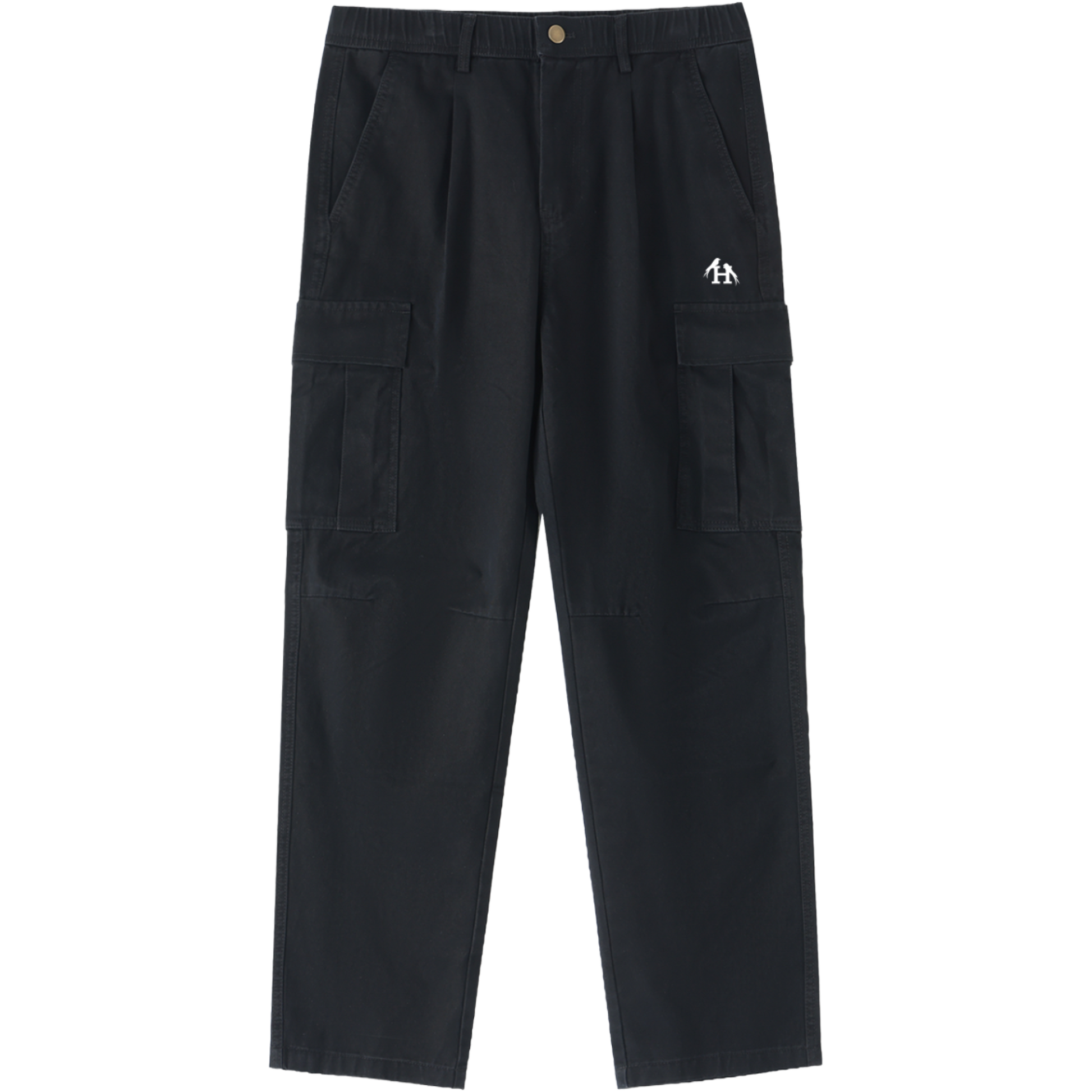 Men’s Heritage Black Cargo Pants made from 100 percent cotton with a mid rise elastic waist and loose full length fit