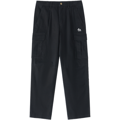 Men’s Heritage Black Cargo Pants made from 100 percent cotton with a mid rise elastic waist and loose full length fit