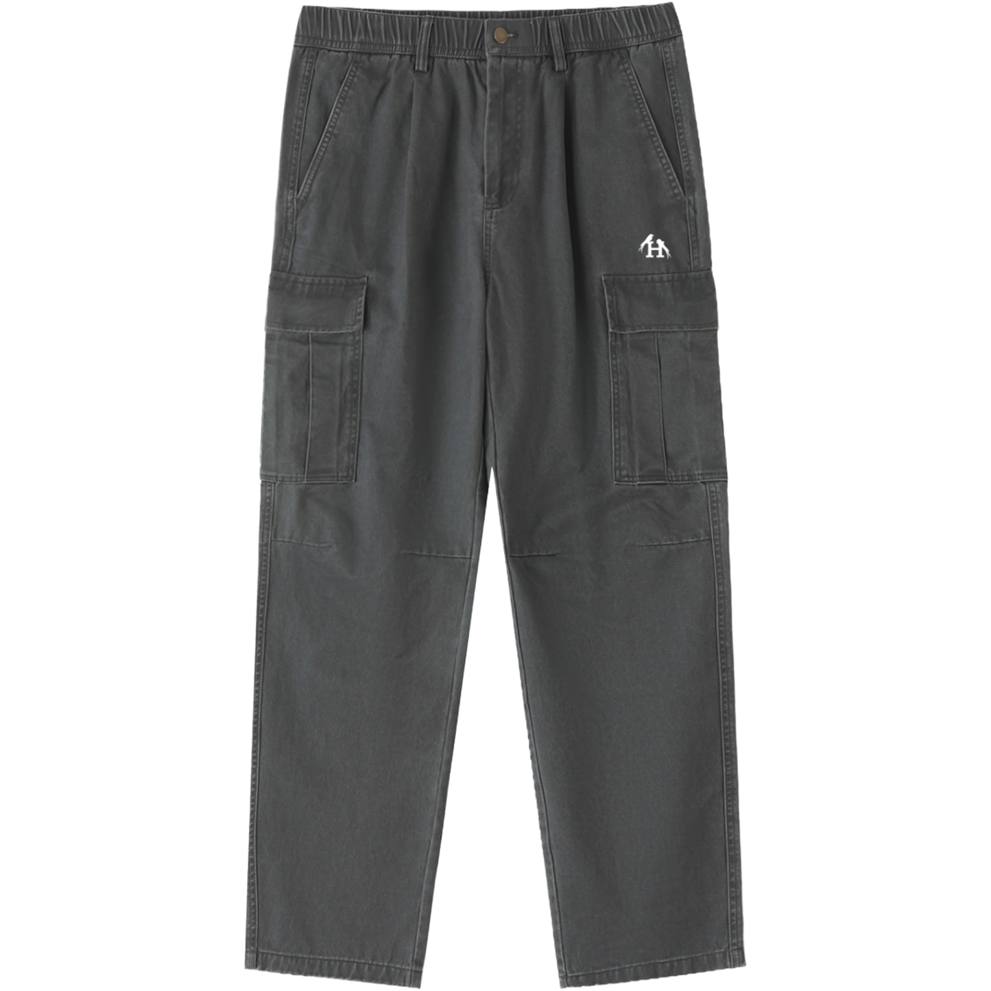 Men’s Heritage Dark Gray Cargo Pants made from 100 percent cotton with a mid rise elastic waist and loose full length fit