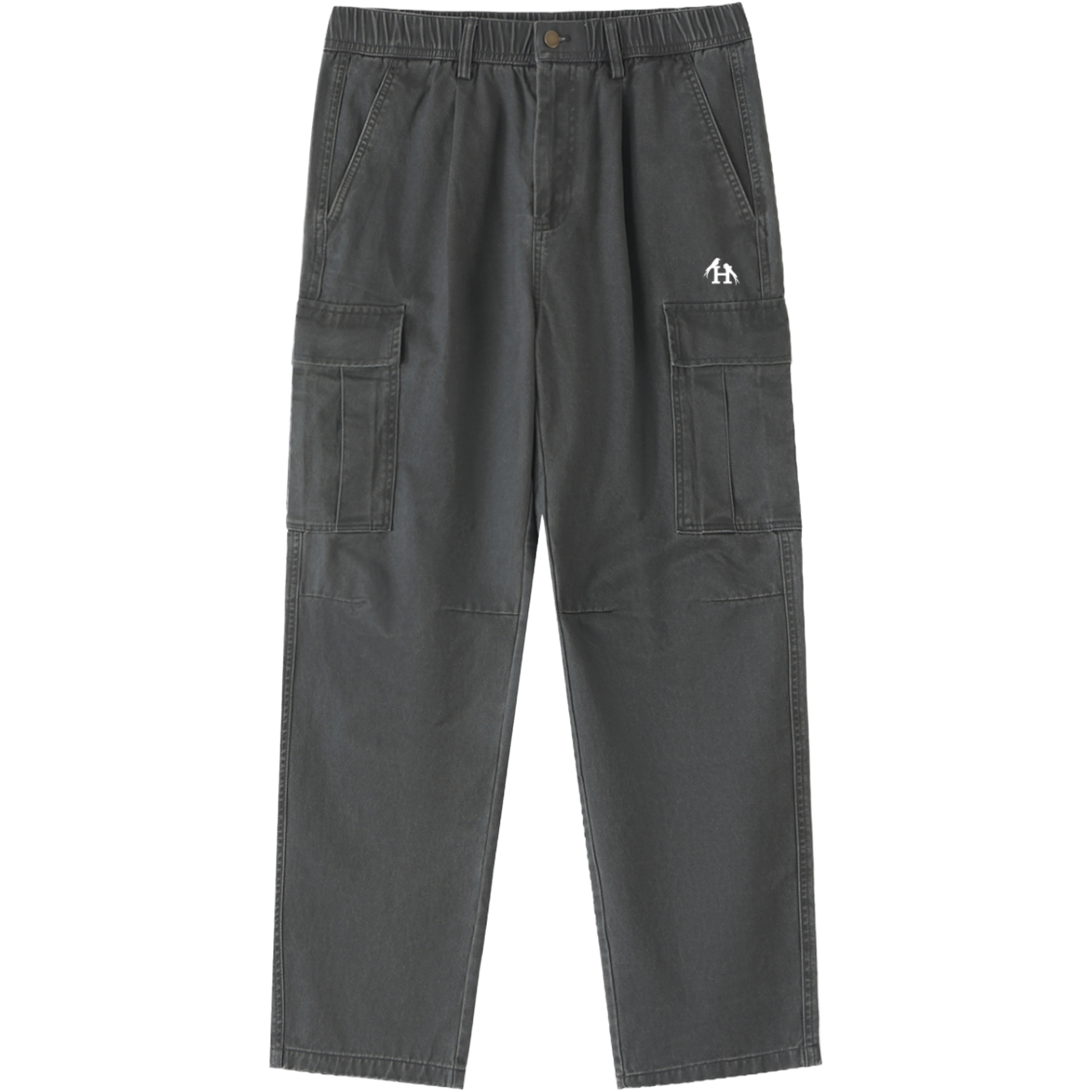 Men’s Heritage Dark Gray Cargo Pants made from 100 percent cotton with a mid rise elastic waist and loose full length fit