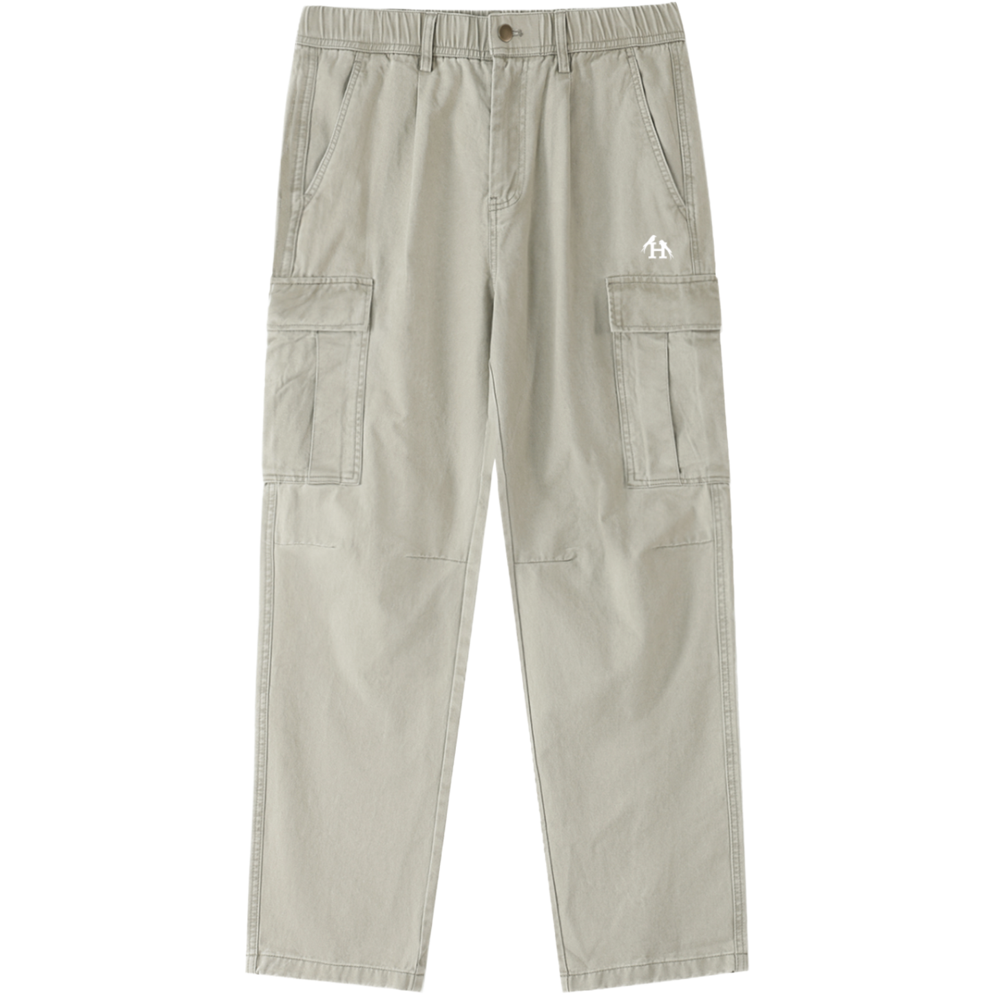 Men’s Heritage Light Gray Cargo Pants made from 100 percent cotton with a mid rise elastic waist and loose full length fit